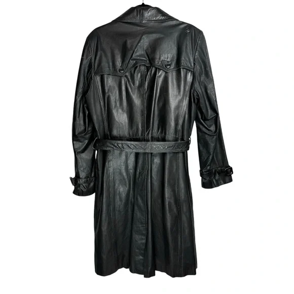 Vtg 80s Golden State Leather Trench Coat Sz 44 Black Belted Trench Coats